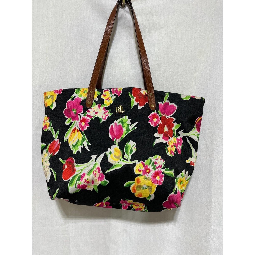 Lauren Ralph Lauren Black Floral Bainbridge Tote with Small Free Cosmetic Pouch